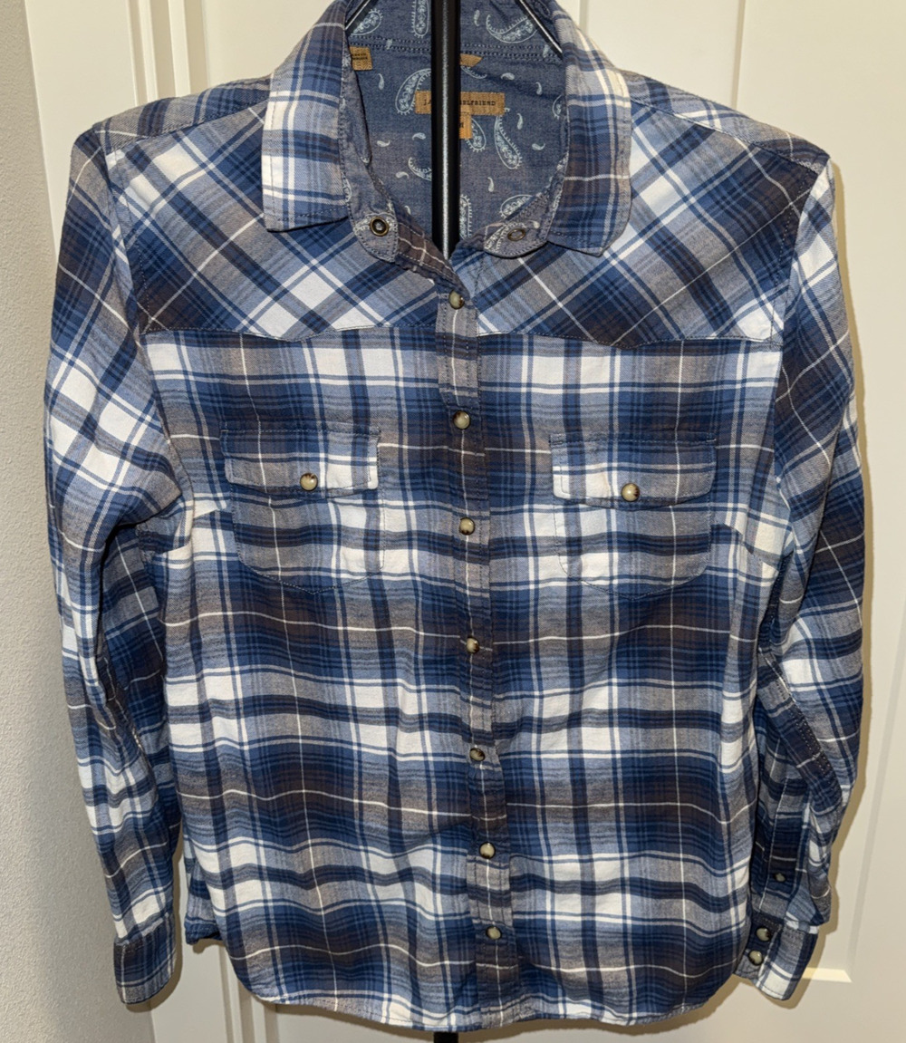 Jachs Girlfriend Flannel Shirt Womens Medium Blue Pearl Snap Plaid Bea Ladies